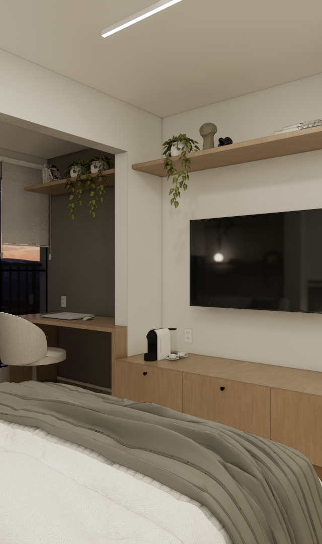 Render 3D de quarto compacto com marcenaria em madeira clara, armário branco, TV, mesa de trabalho e vista para o pôr do sol