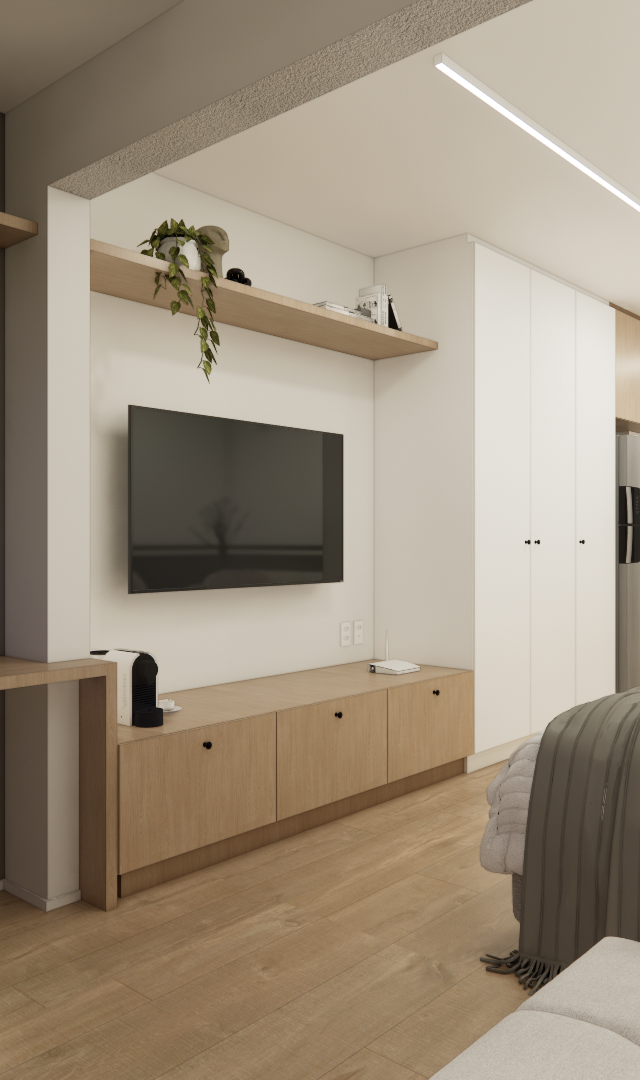 Render 3D de estúdio de 25 m² com tons neutros, marcenaria em madeira e branco, mesa de trabalho, TV e cama integrada