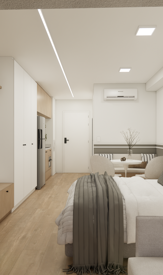 Render 3D de estúdio de 25 m² com tons claros, madeira, marcenaria planejada, cama, sofá e mesa de jantar compacta