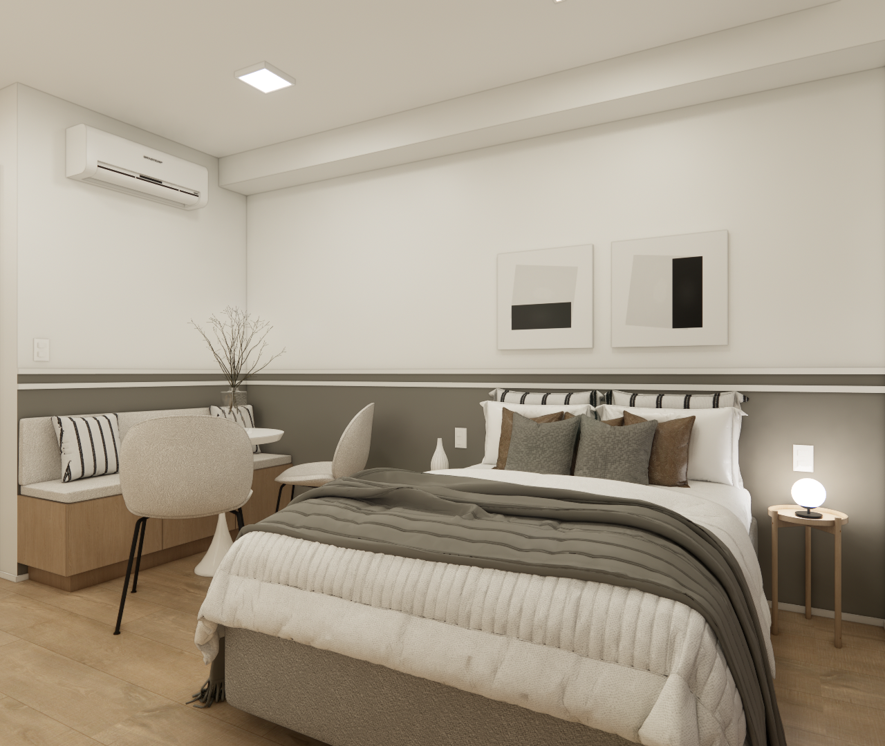 Render 3D de estúdio compacto em tons neutros, com cama, mesa de jantar, marcenaria em madeira e iluminação suave