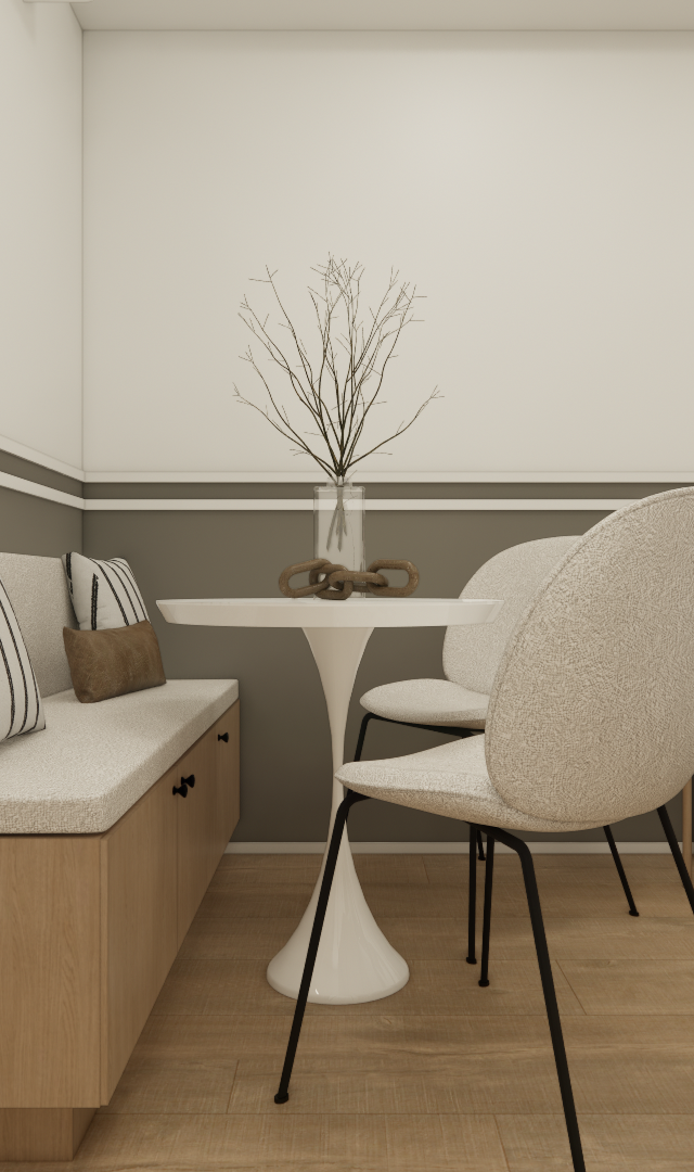 Render 3D de estúdio com mesa redonda, banquetas, banco de madeira estofado, cama e decoração neutra em tons de cinza e bege