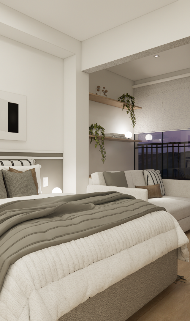 Render 3D de estúdio de 25m² com cama, sofá, mesa e luz natural crepuscular em tons neutros, bege e madeira clara