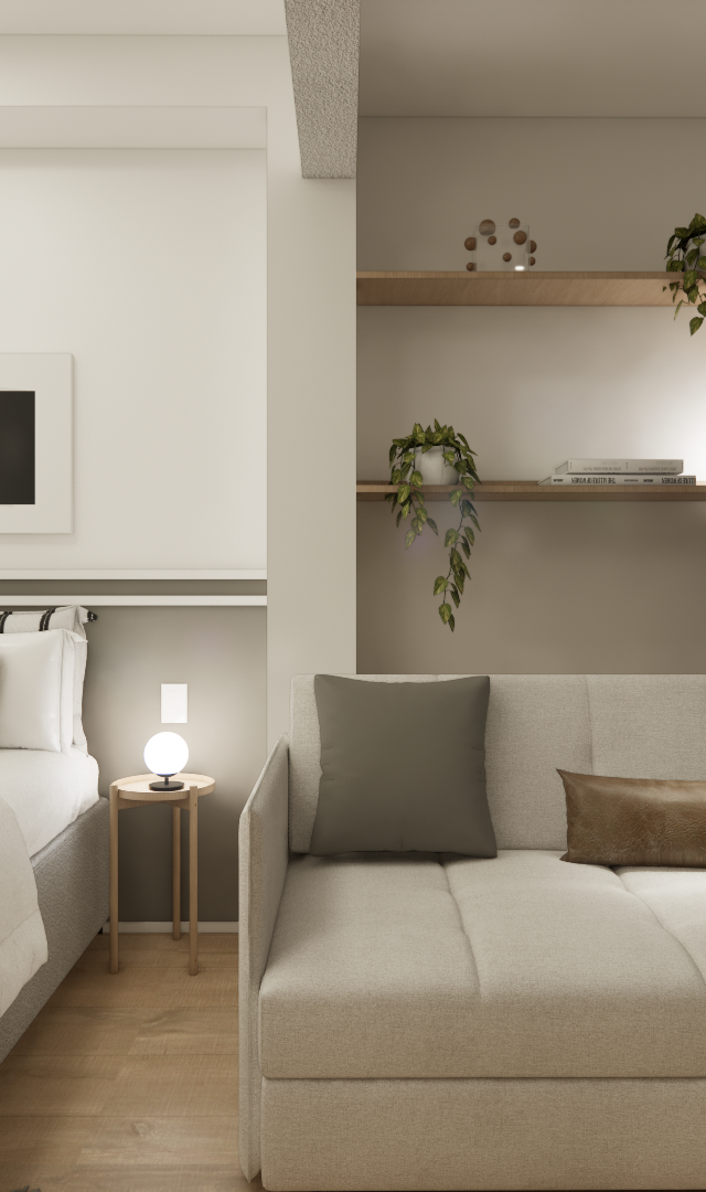 Render 3D de estúdio compacto em tons neutros com cama, sofá-cama, prateleiras de madeira e iluminação quente indireta