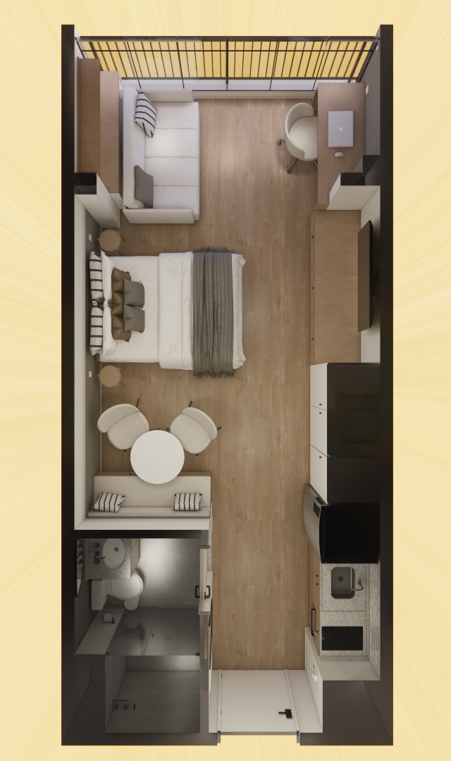 Planta baixa 3D de studio de 25 m² com tons claros e madeira, destacando sala, quarto, cozinha linear e banheiro compacto