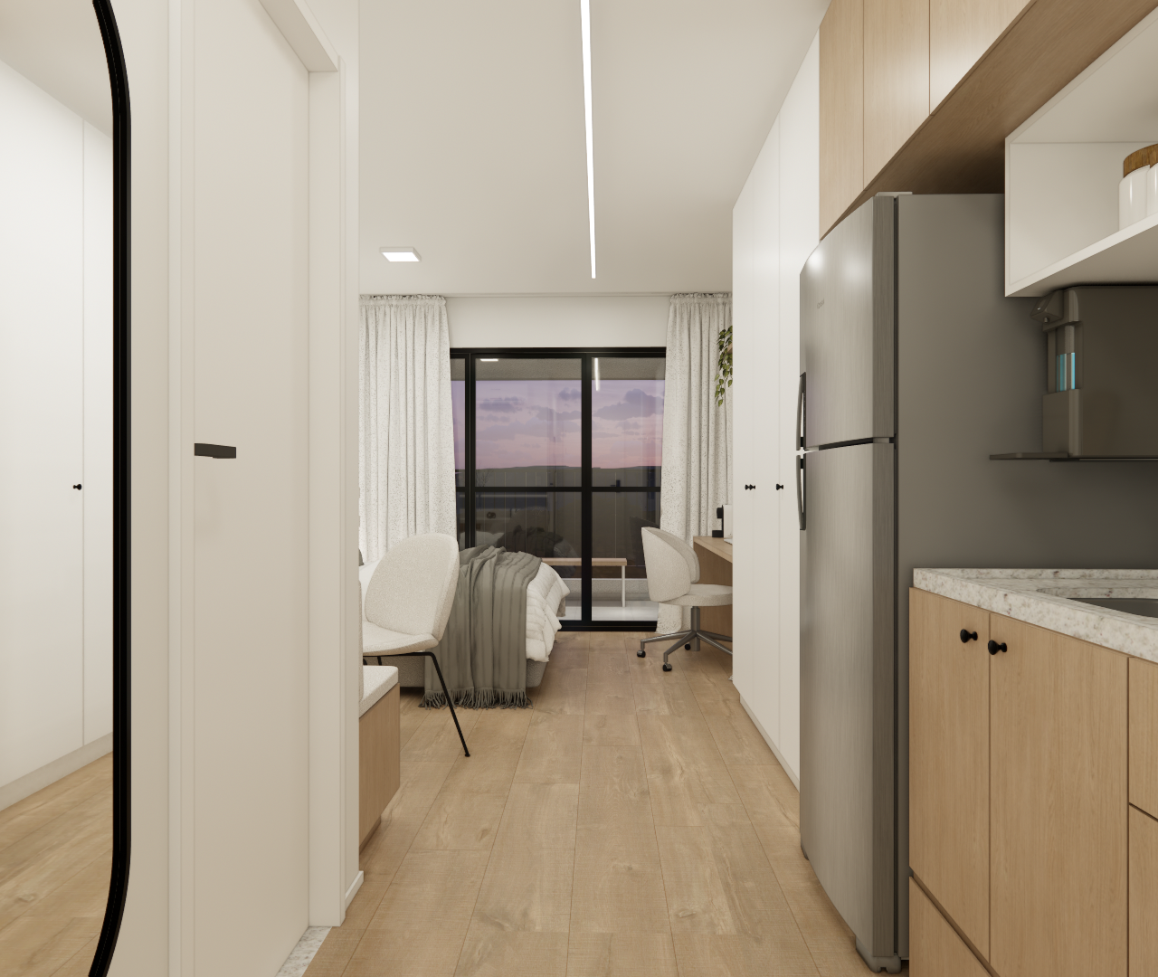 Render 3D de estúdio de 25m² com marcenaria em madeira clara, tons neutros, cozinha linear e iluminação em LED no teto