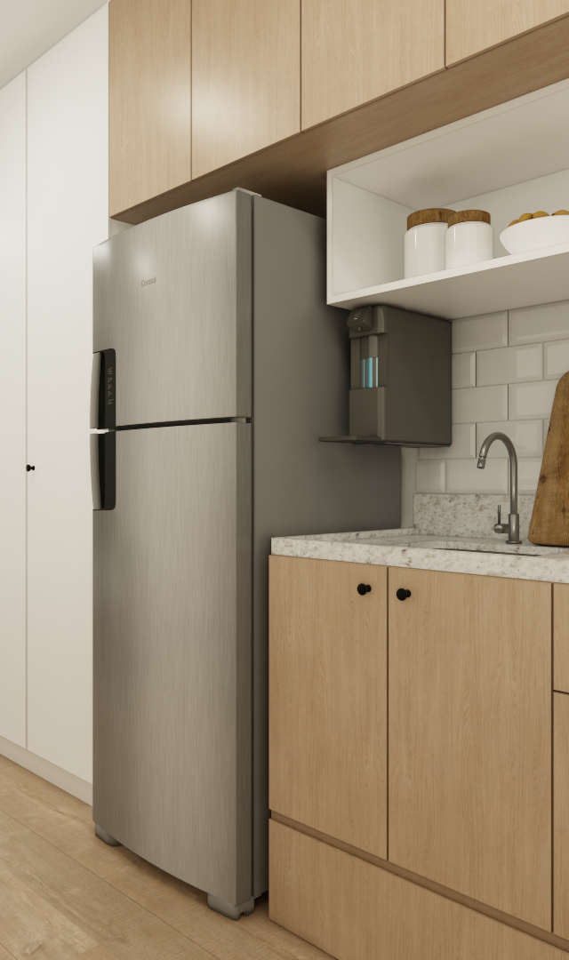 Render 3D de estúdio de 25 m² com marcenaria em madeira clara, geladeira inox, bancada em granilite e área de home office