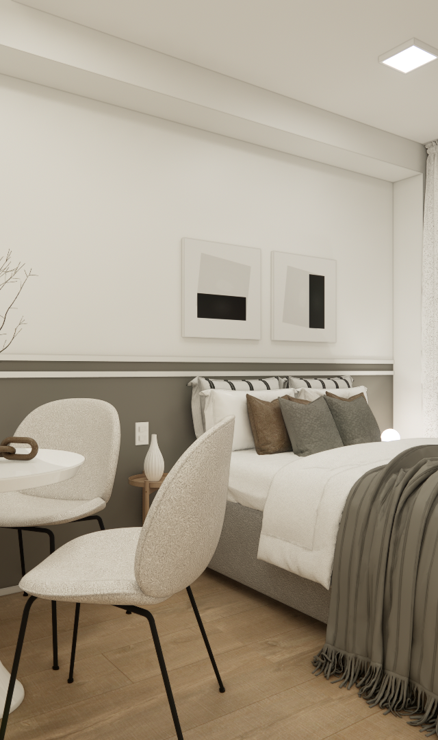 Render 3D de estúdio compacto em tons neutros com cama, mesa de jantar redonda, cadeiras, sofá e varanda integrada
