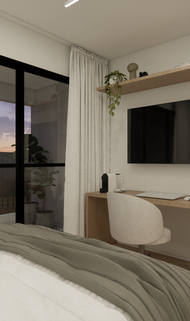 Render 3D de quarto pequeno com mesa de trabalho em madeira, TV, prateleira, cama com manta cinza e varanda ao fundo