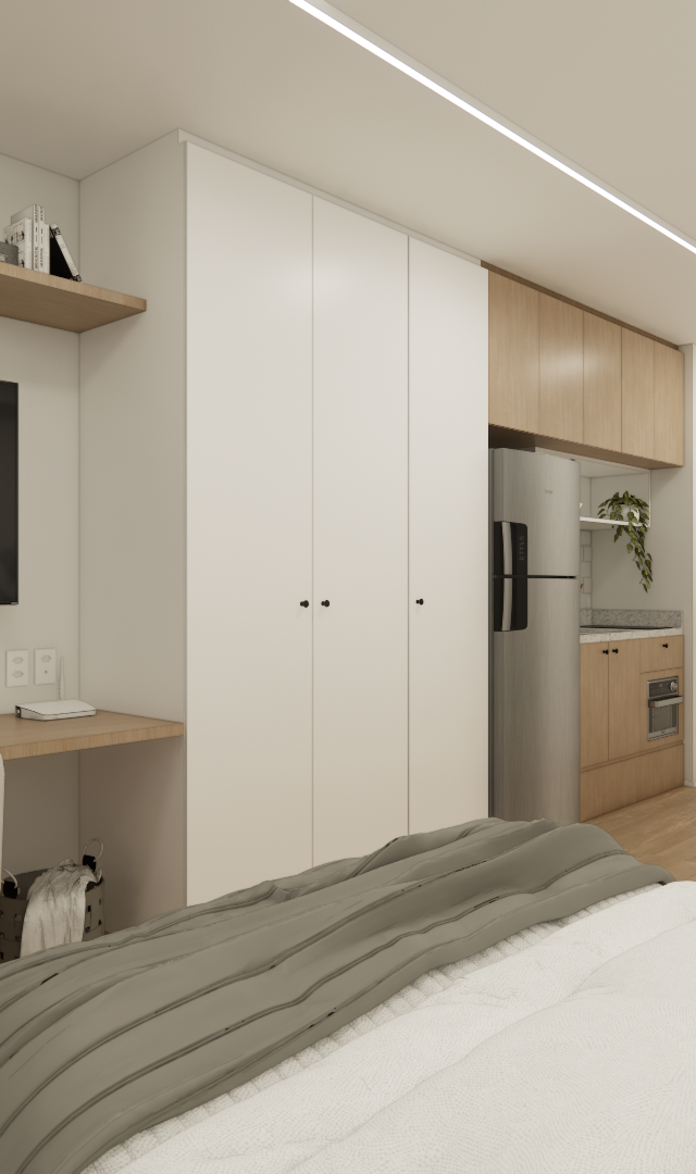 Render 3D de estúdio compacto com tons claros, marcenaria em madeira e branco, mesa, cadeira, cama e cozinha linear
