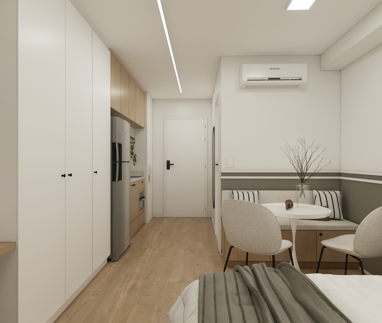 Render 3D de estúdio compacto com marcenaria em madeira e branco, mesa redonda com cadeiras e parede em tom cinza suave