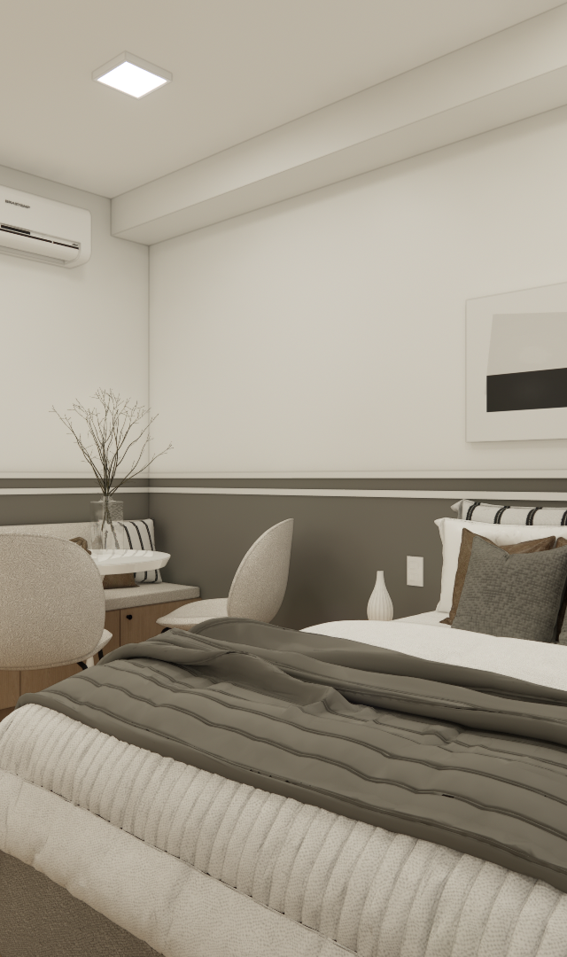 Render 3D de estúdio compacto em tons neutros com cama, mesa de jantar, marcenaria em madeira e iluminação indireta