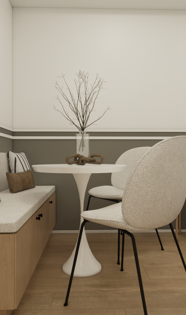 Render 3D de estúdio com mesa de jantar, banco de madeira, cadeiras beges, cama de casal e paredes em tons neutros
