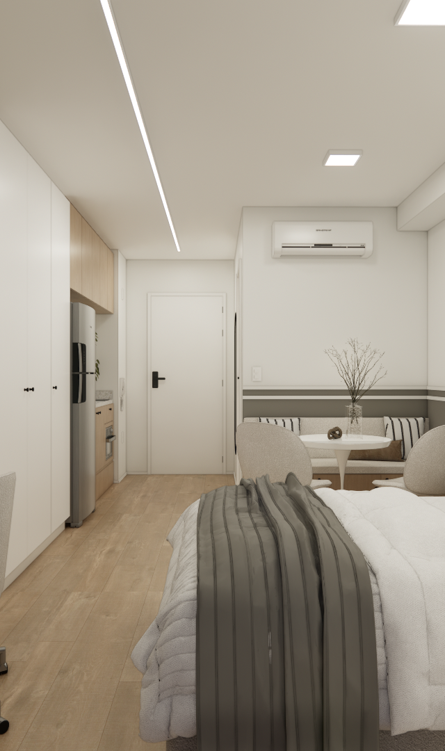 Render 3D de estúdio de 25m² com tons neutros, marcenaria clara, mesa de trabalho, cama casal e decoração minimalista