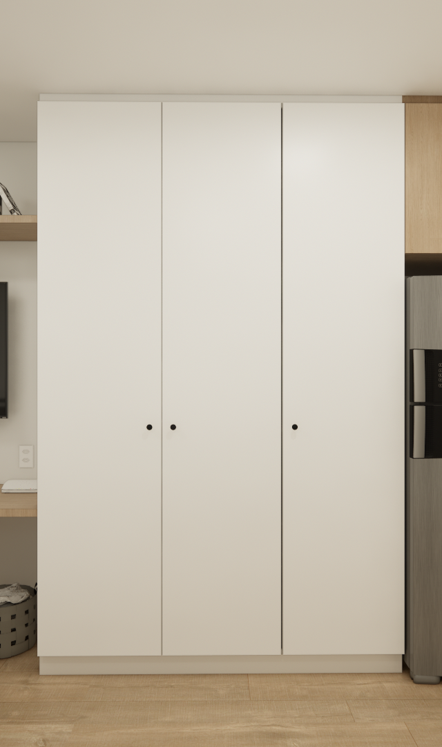 Render 3D de estúdio de 25m² com marcenaria em madeira e branco, mesa de trabalho, armários, geladeira e cozinha integrada