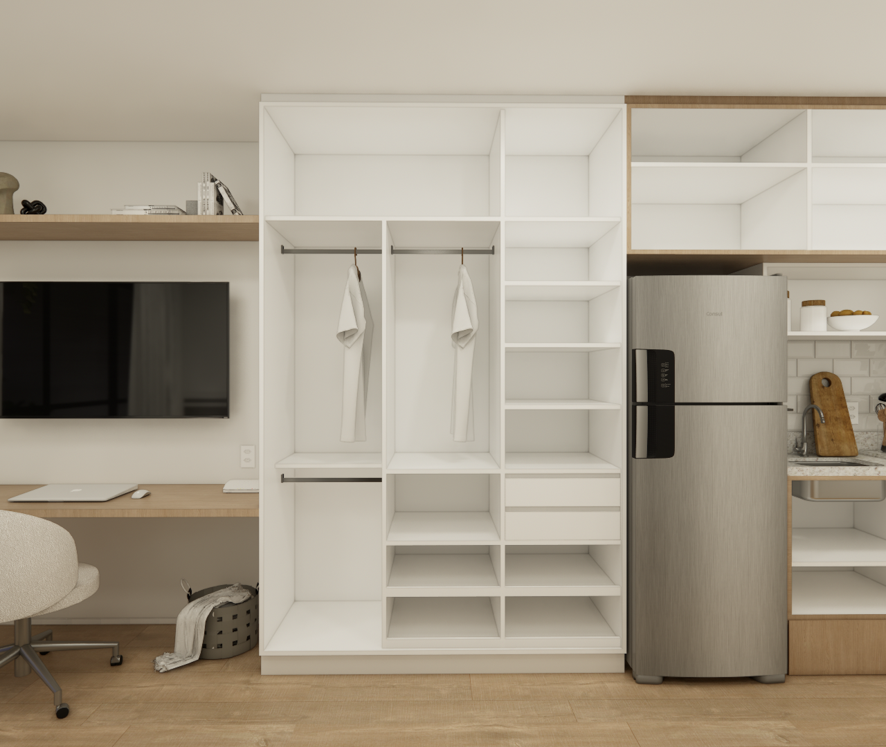 Render 3D de estúdio de 25m² com marcenaria em tons de branco e madeira, bancada, armários, nichos e cozinha compacta