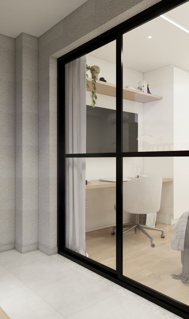 Render 3D de varanda e interior de loft com esquadria preta, paredes cinzas, marcenaria clara, iluminação suave e plantas