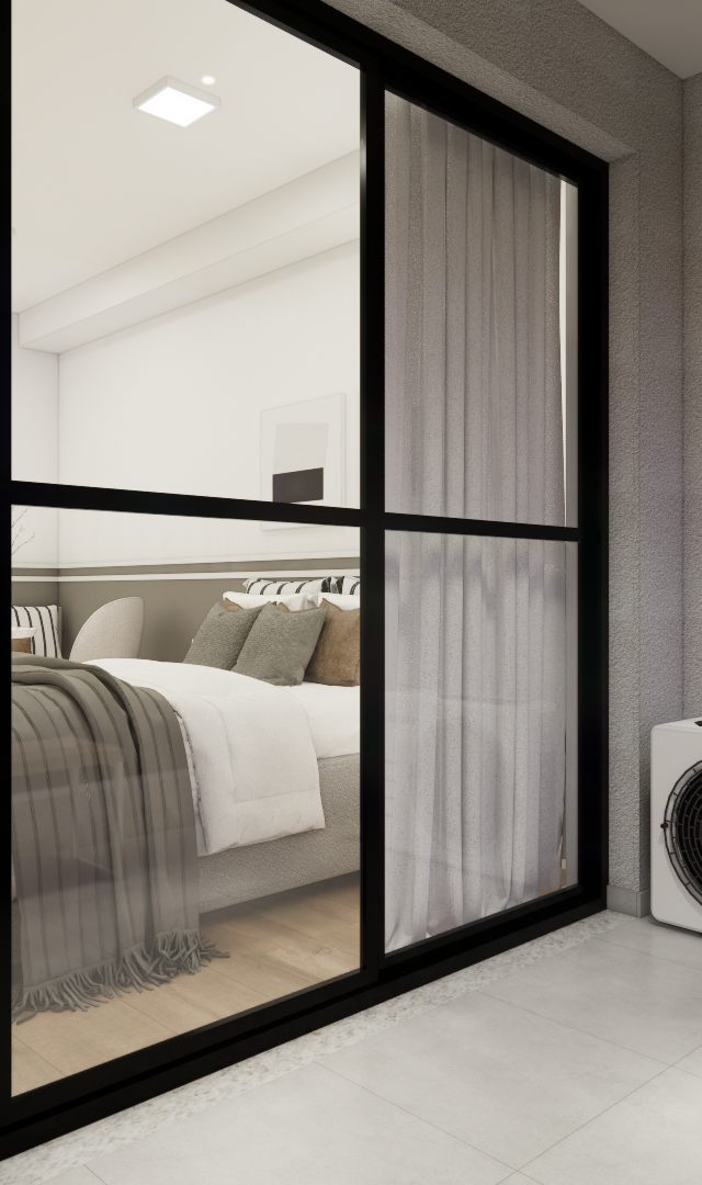 Render 3D: varanda com condensadora e planta, vista para quarto moderno com divisória de vidro e esquadria preta