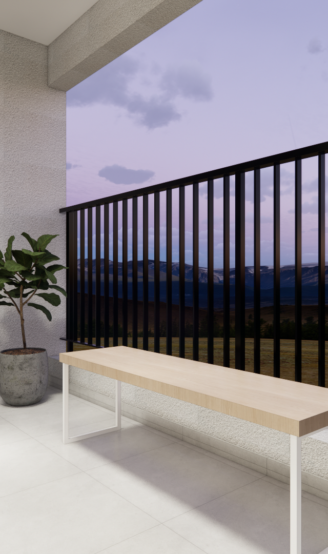 Render 3D de varanda do LC - TODAY FARIA LIMA com banco de madeira, plantas, condensadora e guarda-corpo preto ao entardecer