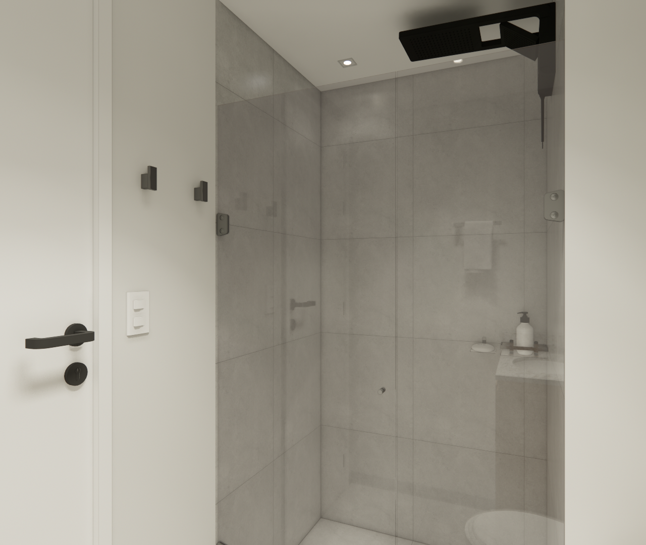Render 3D de banheiro compacto com box de vidro, revestimento cinza, metais pretos e iluminação embutida no teto