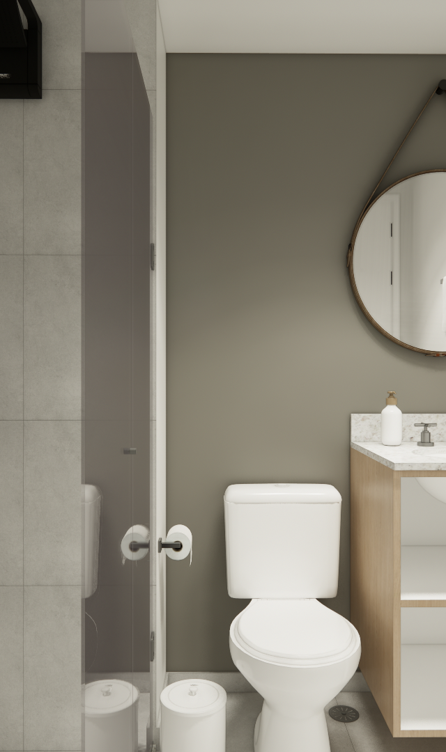 Render 3D de banheiro compacto com box em vidro, revestimento cinza, marcenaria em madeira clara e espelho circular
