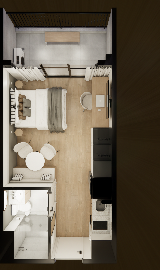 Planta baixa 3D de studio 25m² com tons neutros, piso amadeirado, cama, mesa de jantar, home office e varanda integrada