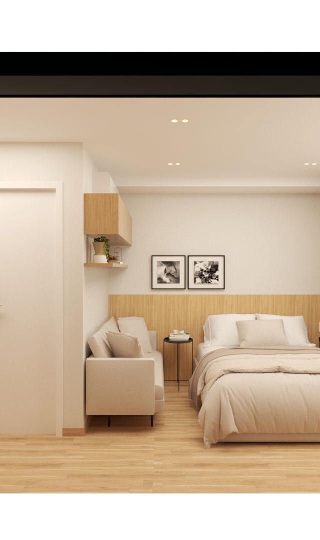 Render 3D de quarto no LF Modern Estação Butantã com cama, sofá, marcenaria em tons amadeirados e iluminação indireta