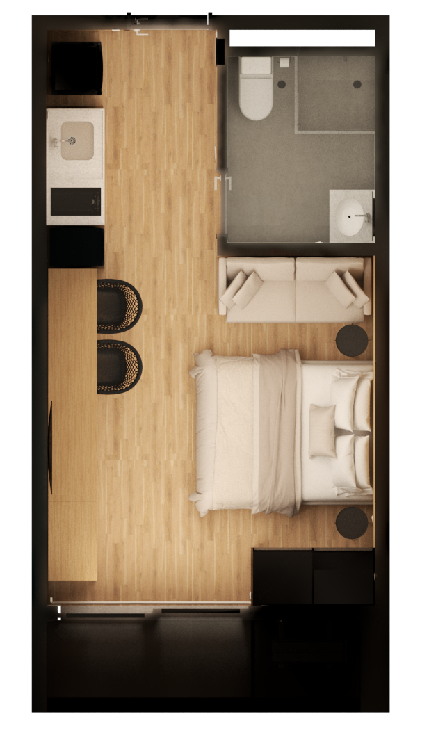 Planta baixa 3D de studio com piso amadeirado, cozinha linear, cama de casal, sofá, banheiro cinza e iluminação quente
