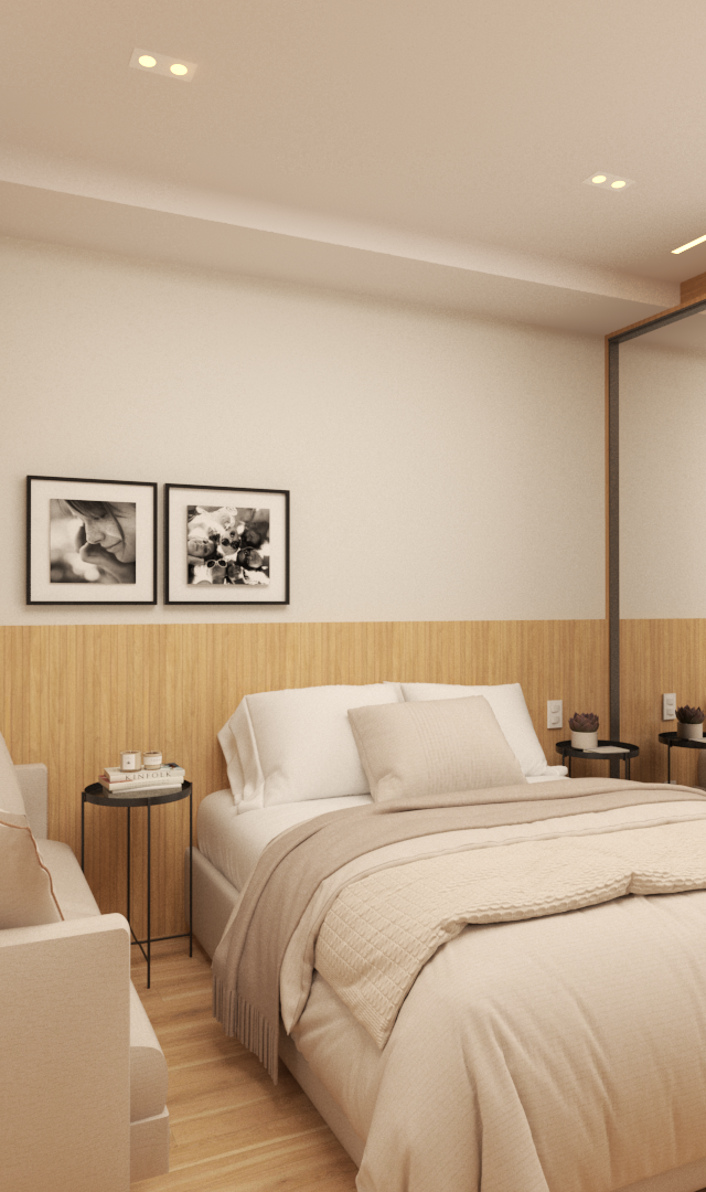 Render 3D de quarto LF Modern Estação Butantã com tons bege, marcenaria em madeira clara, cama, sofá e armário espelhado