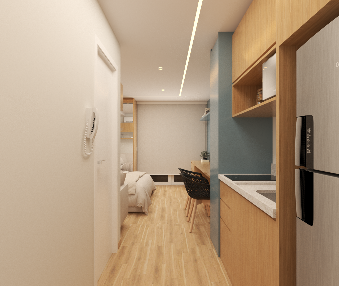 Render 3D de estúdio compacto no LF Modern Estação Butantã com cozinha de marcenaria amadeirada, bancada azul e piso claro