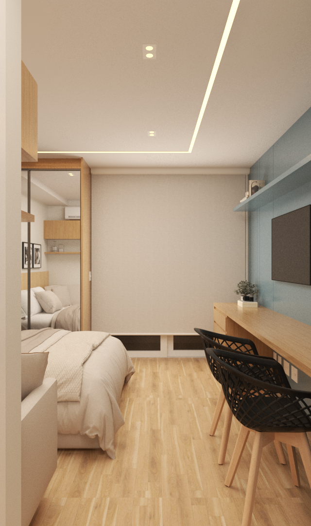 Render 3D de estúdio no LF Modern Estação Butantã com marcenaria azul e madeira, mesa, cadeiras pretas e iluminação linear