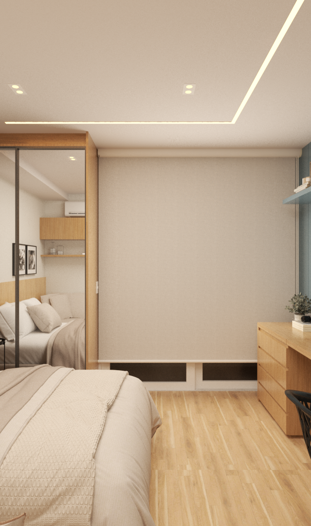 Render 3D de quarto moderno com marcenaria em madeira e parede azul, TV, mesa de apoio e iluminação embutida no teto