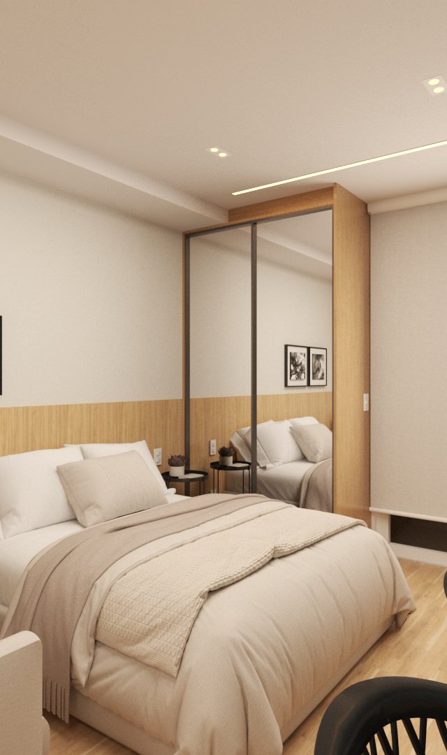 Render 3D de dormitório moderno no LF Butantã com tons de madeira clara, parede espelhada, poltrona e iluminação embutida