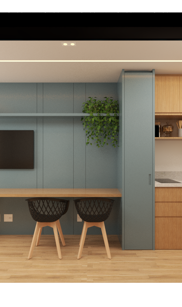 Render 3D de sala e cozinha integradas, marcenaria em tons azul e madeira, bancada, cadeiras pretas e geladeira inox