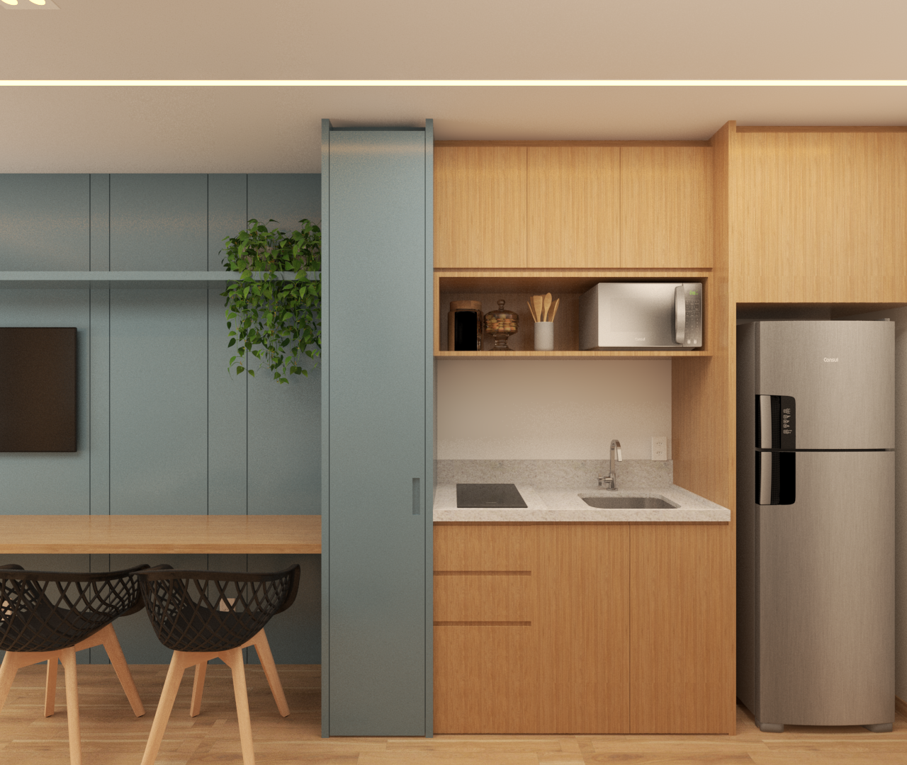 Render 3D de estúdio com marcenaria em madeira e azul, bancada de cozinha, eletrodomésticos, TV e iluminação linear