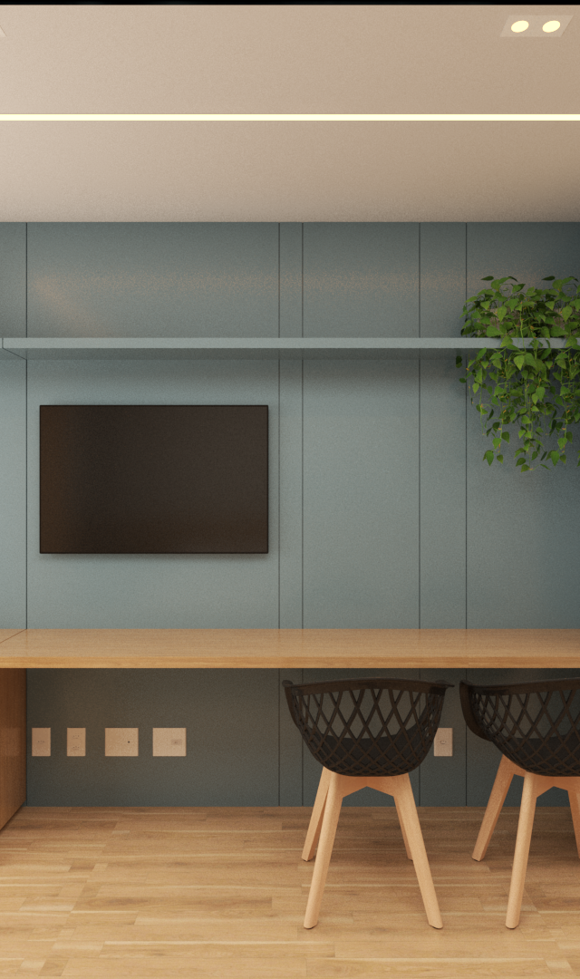 Render 3D de sala e cozinha integrada com marcenaria em madeira e painel azul, mesa de estudo e iluminação linear LED