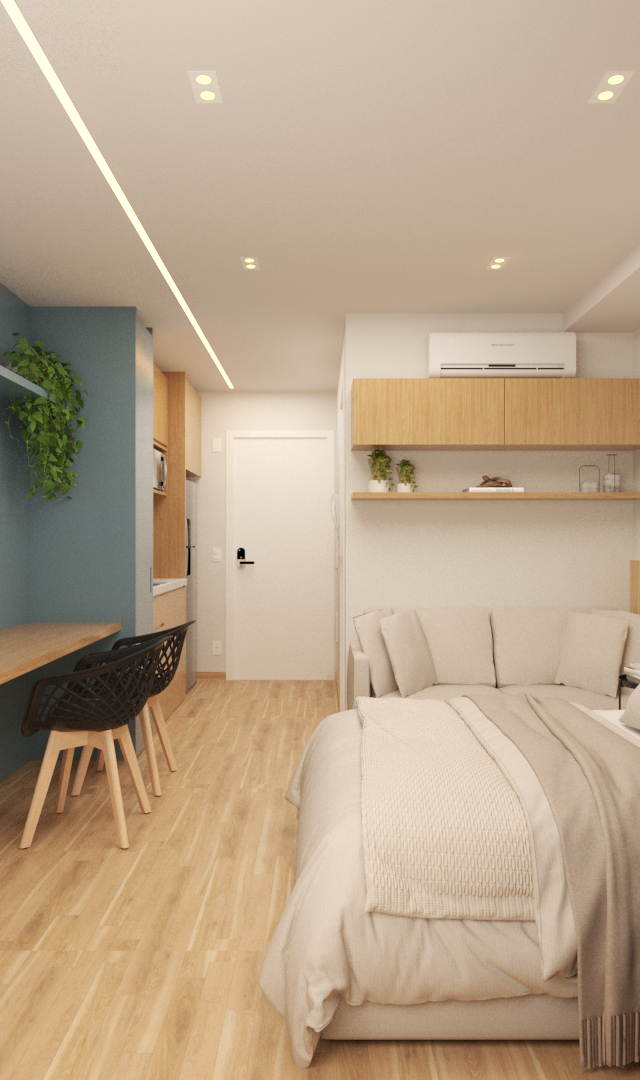 Render 3D de estúdio no Butantã com parede azul, marcenaria em tom madeira, cama, mesa de refeição e iluminação linear