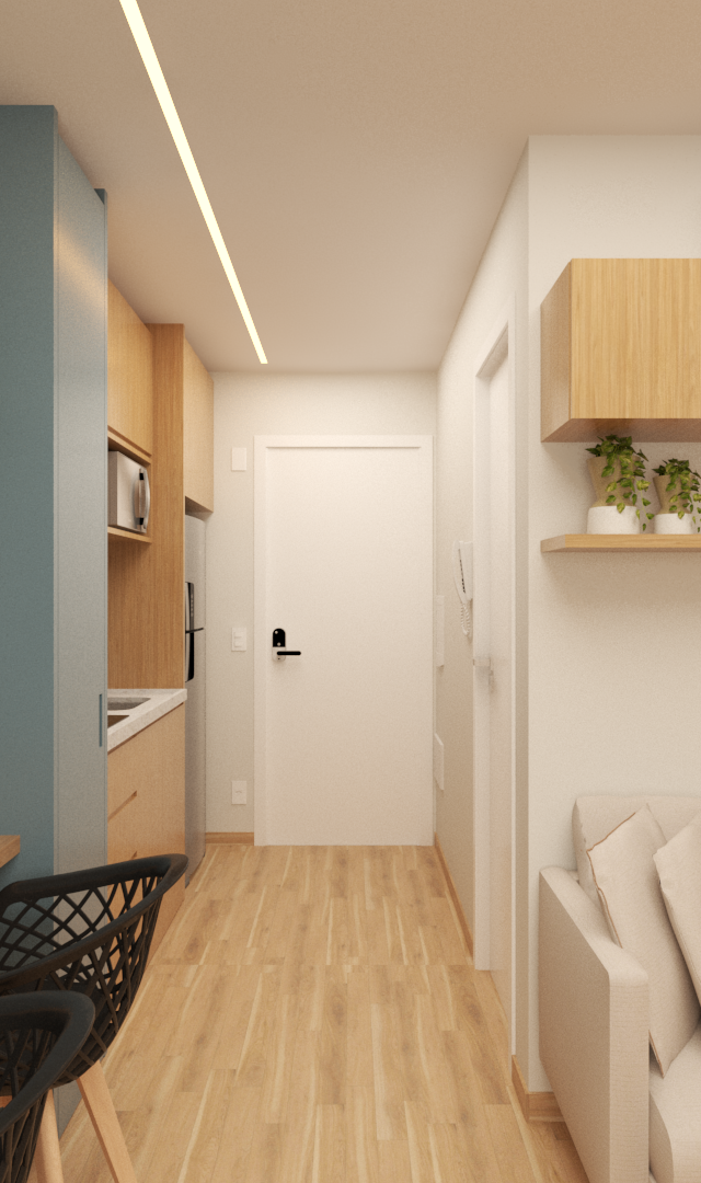 Render 3D de sala e cozinha integradas, marcenaria em madeira clara, parede azul, sofá bege e iluminação linear no teto
