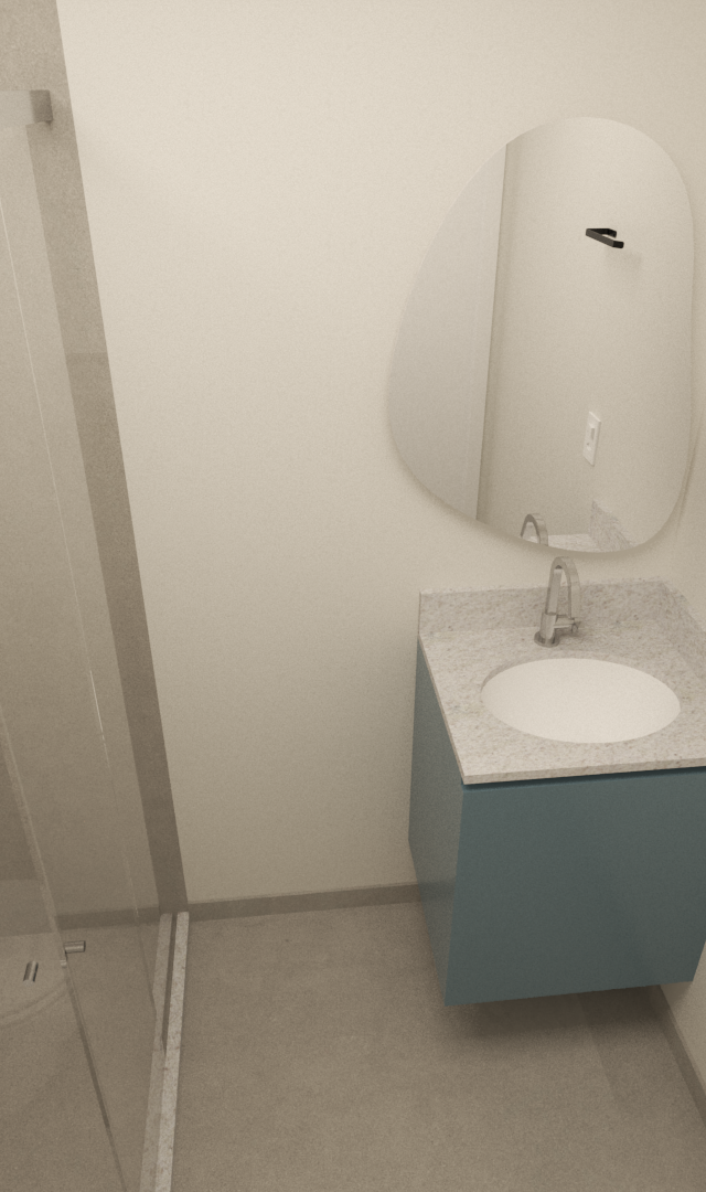 Render 3D de banheiro moderno no LF - Butantã com pia azul, espelho orgânico, metais pretos e tons neutros claros