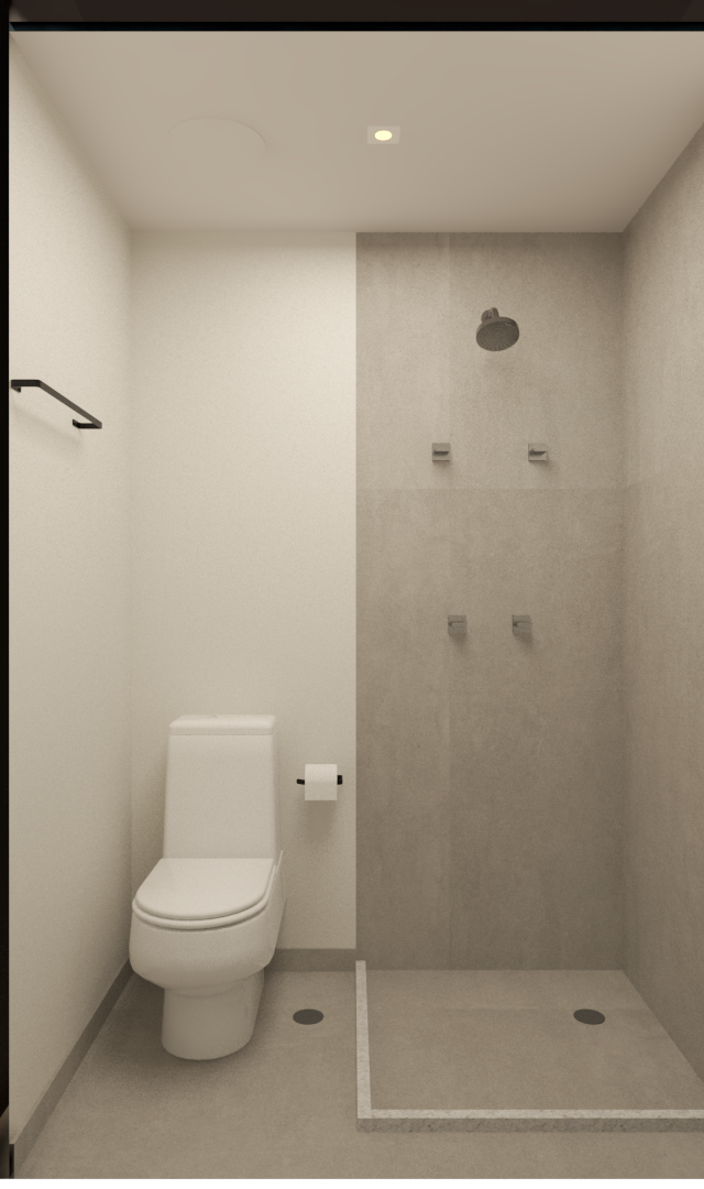 Render 3D: banheiro minimalista com revestimento cinza ao lado de cozinha com marcenaria clara, tons neutros e iluminação