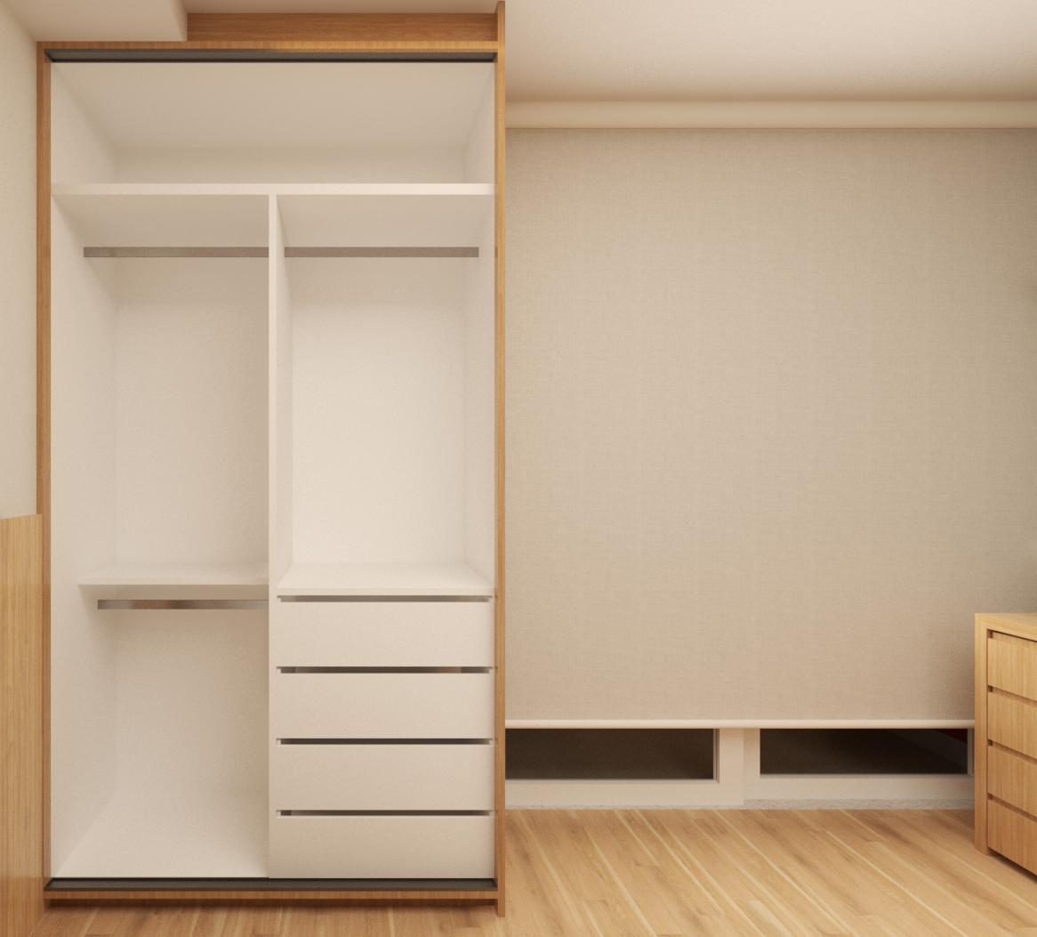 Render 3D de guarda-roupa em marcenaria amadeirada com nichos brancos, gavetas e piso de madeira em ambiente claro
