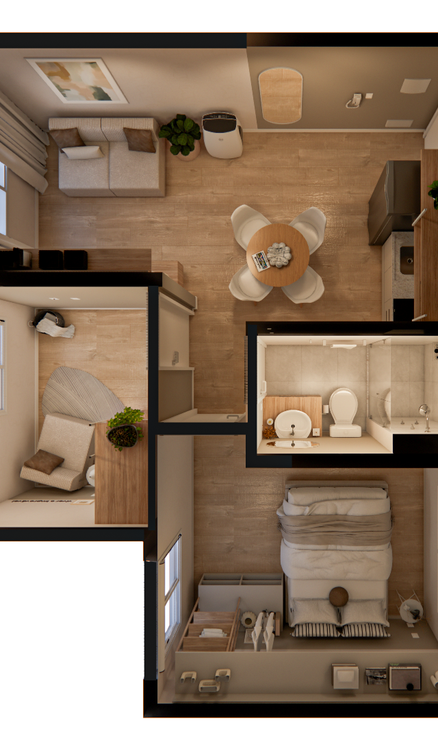 Planta baixa 3D do Edifício Dom Brás com tons neutros, piso amadeirado, sala, cozinha, banheiro e quarto integrados