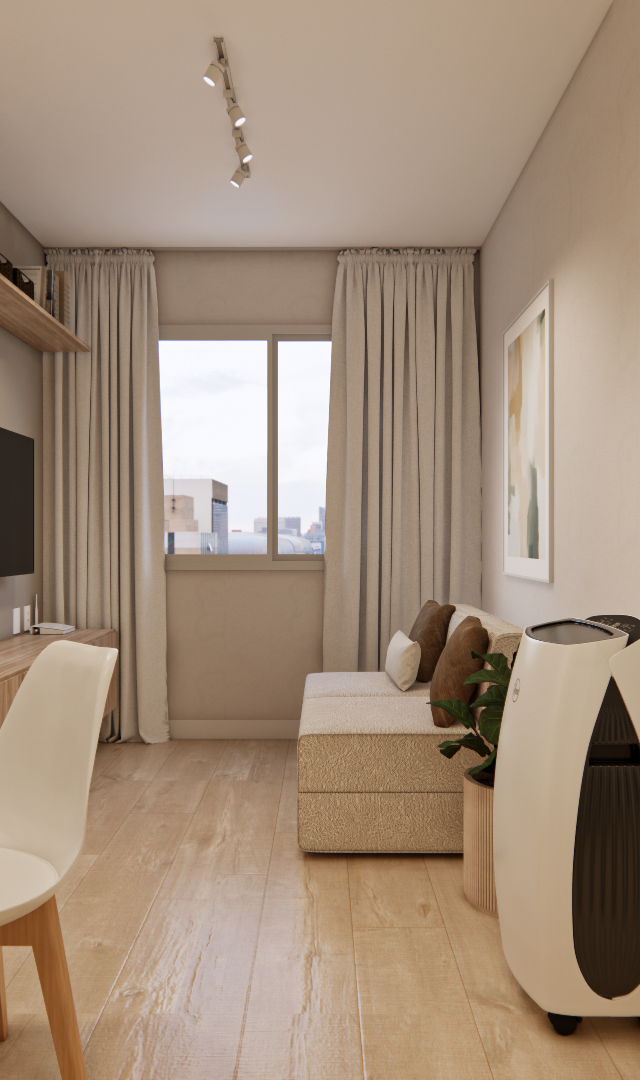 Render 3D de sala e jantar integradas, tons neutros, madeira, espelho orgânico, sofá bege e iluminação em trilho