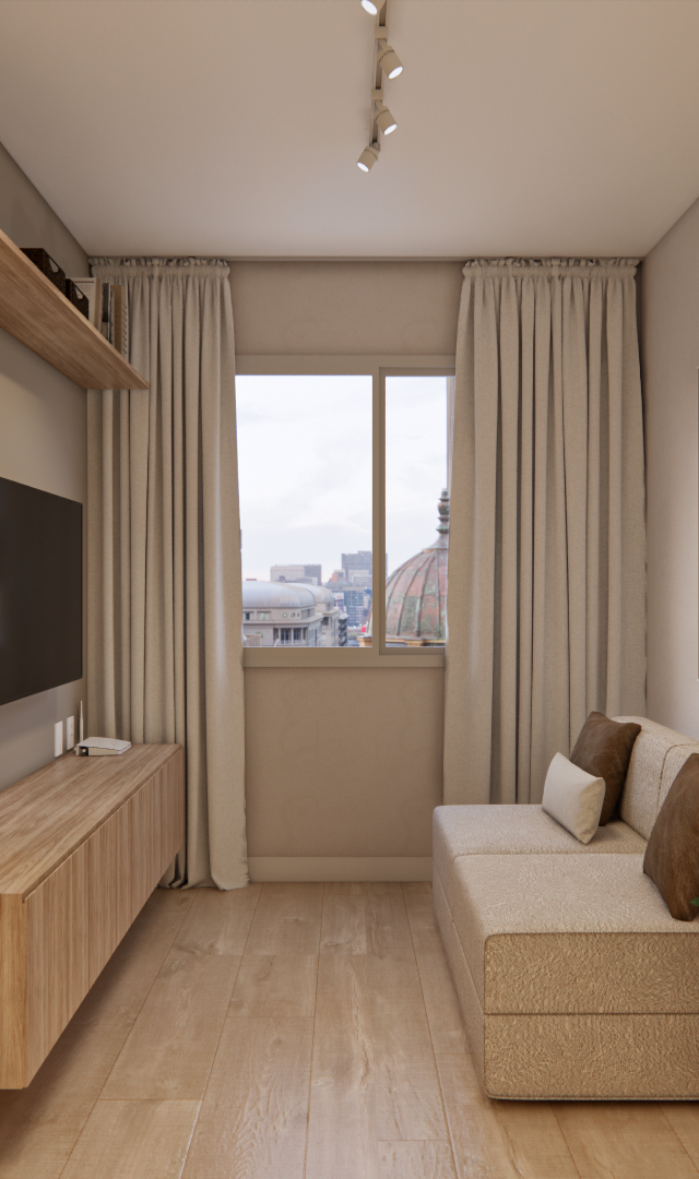 Render 3D de sala do Edifício Dom Brás com marcenaria em madeira, tons neutros, sofá bege e iluminação em trilho instalada