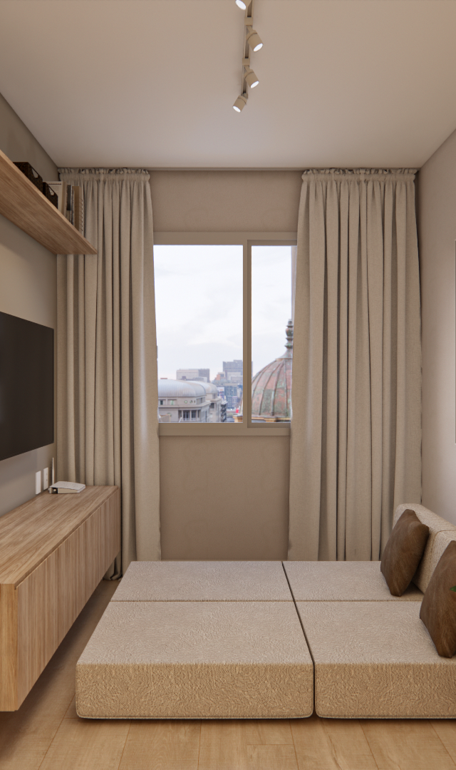 Render 3D da sala do Edifício Dom Brás com tons bege, marcenaria em madeira clara, sofá baixo e iluminação em trilho