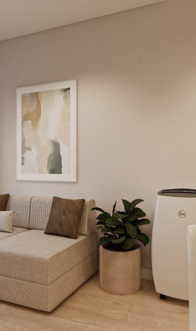 Render 3D da sala do Edifício Dom Brás com sofá bege, almofadas marrons, planta, espelho oval e tons neutros suaves