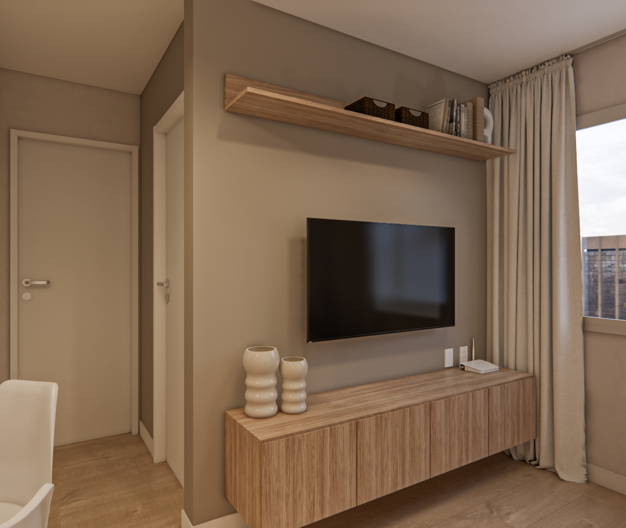 Render 3D de sala do Edifício Dom Brás com rack e prateleira de madeira, paredes em tom neutro e vista para prédio urbano