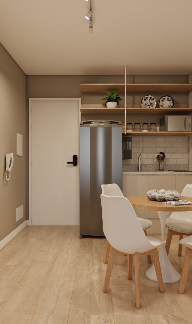 Render 3D: sala de jantar e cozinha integrada do Edifício Dom Brás com tons neutros, mesa redonda e cadeiras brancas