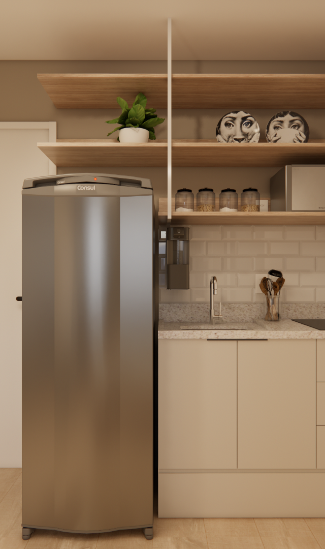 Render 3D de copa minimalista no EDIFÍCIO DOM BRÁS com marcenaria bege, prateleiras de madeira e geladeira inox