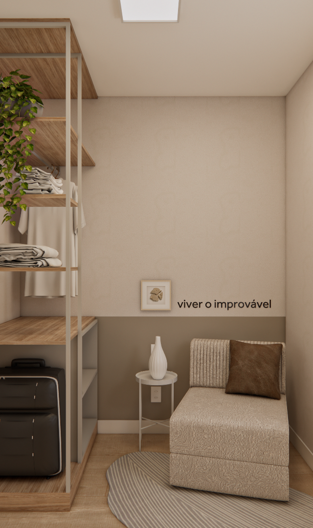 Render 3D do Edifício Dom Brás com closet aberto em madeira, poltrona bege, mesa lateral e vista externa em tons neutros