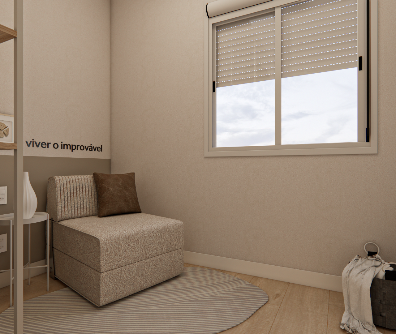 Render 3D: canto de leitura com poltrona bege, tapete circular, prateleira de madeira e tons neutros no Edifício Dom Brás